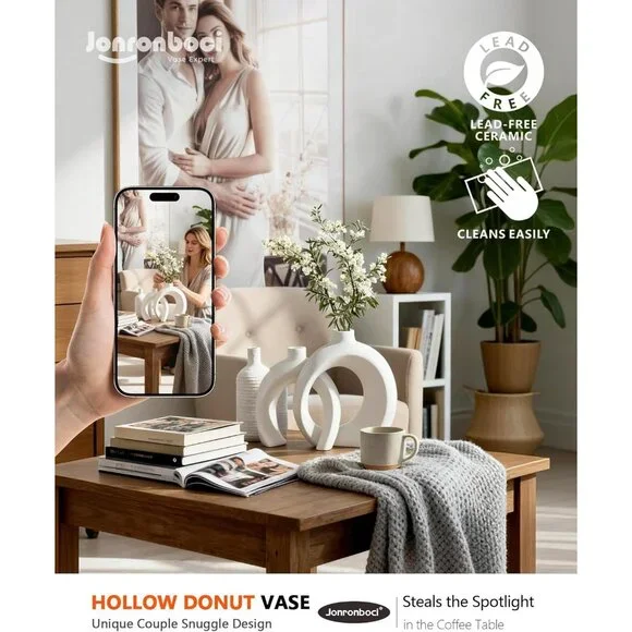 7.2″Hx8.9″H Donut Shape Decorative Vase Set of 2 Ceramic Modern Minimalism Style - Picture 3 of 6